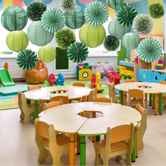 Soulchen 18 Pcs Hanging Ceiling Greenery Classroom Decor Sage Green Paper Lanterns Set Tissue Pom Poms Fans Decorations for School Weddings Baby Shower Graduation Birthday Party Rustic Party