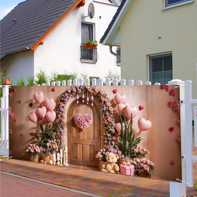 7x16ft Garage Door Banner,Pink Floral Heart Backdrop with Balloons,Large Waterproof Romantic Party Decor for Wedding Birthday Mother's Day,Outdoor Indoor Home Wall,Photo Booth Background