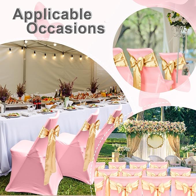 Lounsweer 50 Pcs Folding Chair Cover Set with 25 Stretch Spandex Slipcovers 25 Satin Chair Sashes Bows Ribbon Washable Banquet Protector for Wedding Event Party(Pink, Light Gold)