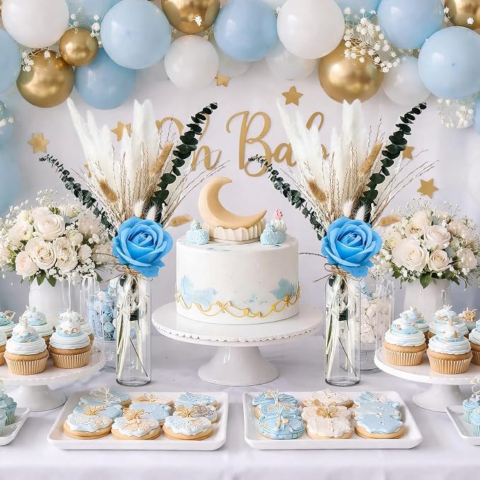 Qinyoung 10 Set Dried Pampas Grass Centerpiece for Wedding Baby Shower Party 10 Glass Flower Jars 10 Artificial Roses 80 Dried Pampas Grass with Rope for Rustic Bridal Farmhouse Decoration (Blue)