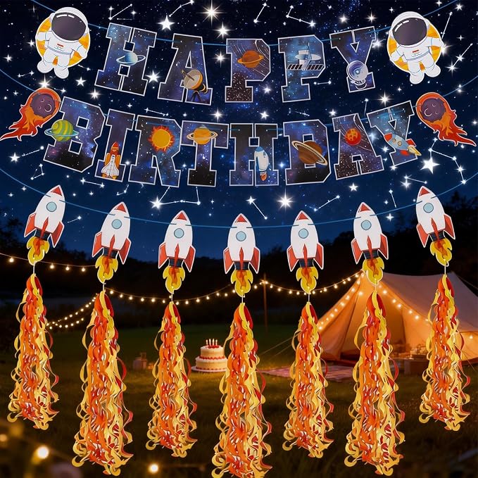 Space Themed Happy Birthday Party Decorations Include Happy Birthday Banner Astronaut Rocket and Tail of Fire Hanging Swirl Tassels Hanging Streamer Decor Space Party Decorations