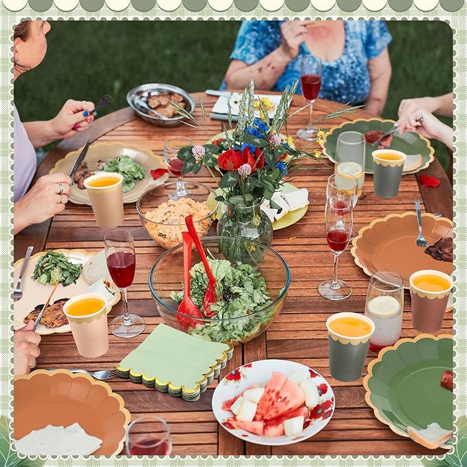 Mimorou 338 Pcs Sage Green and Brown Plates and Napkins Party Supplies for 48 Guests Woodland Baby Shower Tableware Include Forest Scalloped Plates Napkin Cup Spoon Fork Knife for Wedding Birthday