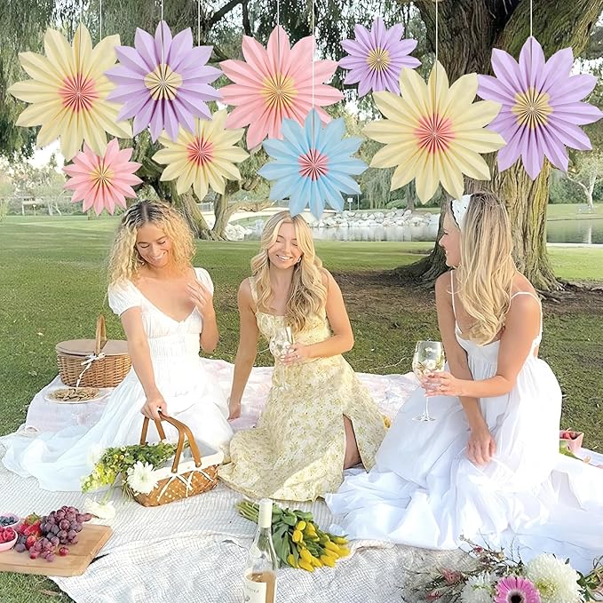 PAPER JAZZ Sunflower Party Decorations Pastel Paper Fans Party Decor Summer Beige Spring Decoration, Blue Pink Hanging Purple Flower Garland Sunflower Wall Decorations for Tea,Garden,Fairy Party.