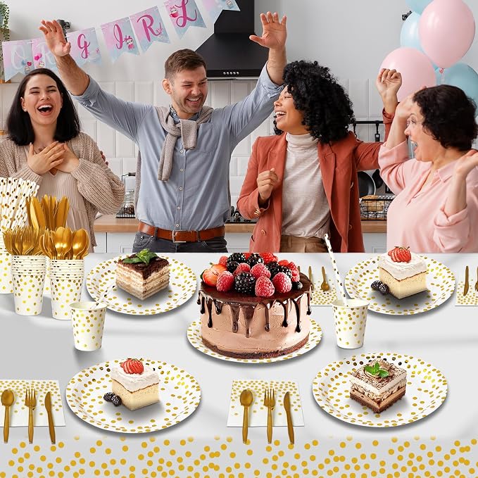 Nkaiso 193 Pcs White Gold Paper Plates and Napkins Party Supplies Sets Include White Party Plate Cup Napkin Plastic Cutlery for Baby Shower, Wedding, Birthday Decoration -24 Guest