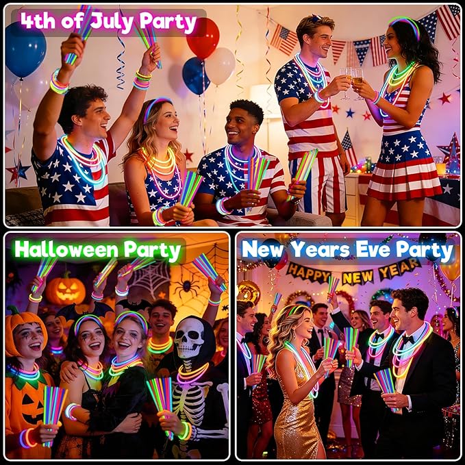 TURNMEON 960 Pack Ultra Bright Glow Sticks Bulk Glow In The Dark Party Supplies Necklace Bracelet with Connector 8" Light Up 14Hrs Long Last Party Favors Toy Birthday Wedding Pool Patriotic