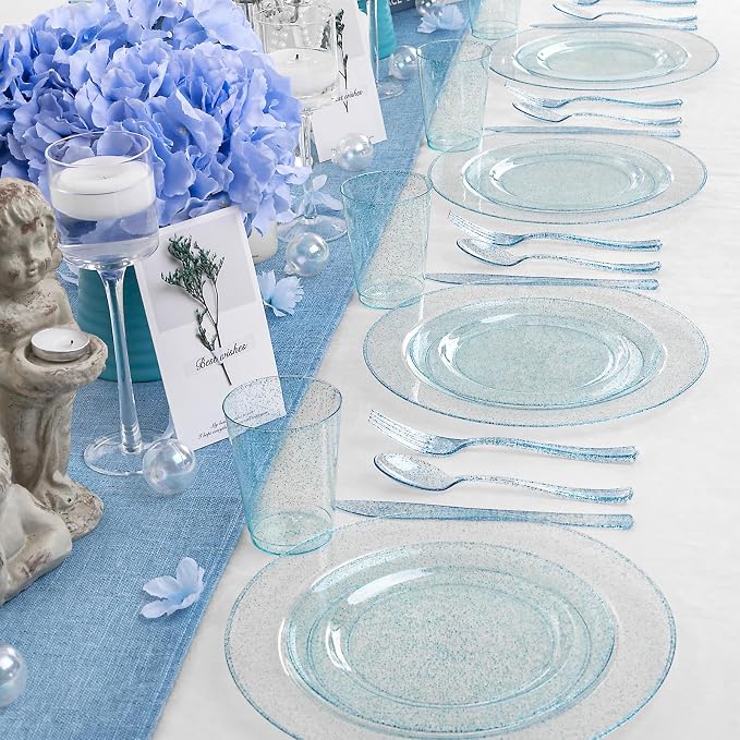 Rubtlamp 180Pcs Blue Glitter Dinnerware Set(30 Guests), Blue Plastic Plate With Gitter Disposable Silverware, Gitter Plate Set Include 30Dinner Platos, 30Dessert Platos, 90Cutlerys, 30Cups for Party