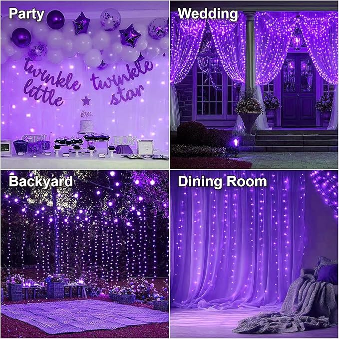 HXWEIYE 300LED Fairy Curtain Lights, 9.8x9.8Ft USB Plug-in 8 Modes Christmas String Hanging Lights with Remote for Bedroom Backdrop Wedding Indoor Wall Decor, Purple, Standard – 1 Pack