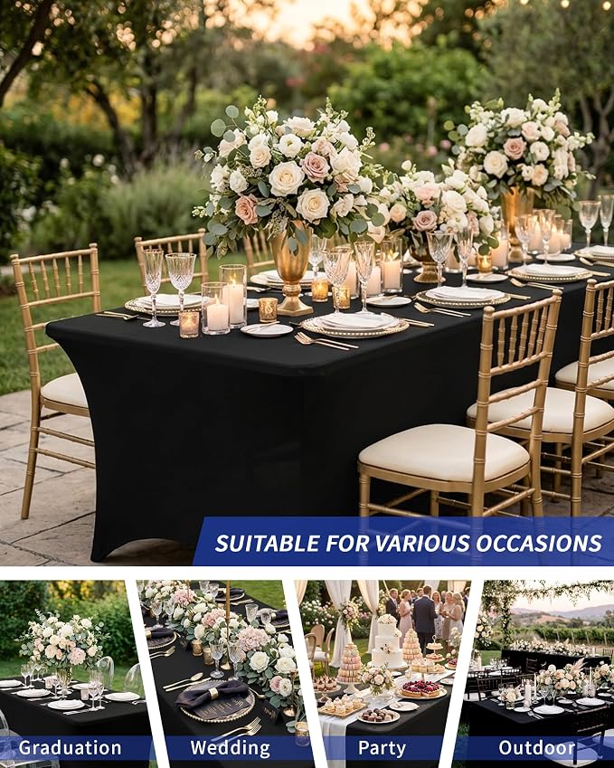 Fixwal 6 Pack Black Tablecloth Rectangle 6Ft, Stretch Spandex Fitted Table Cover for Party, Trade Show, Wedding, Buffet, Graduation, Vendor Stand