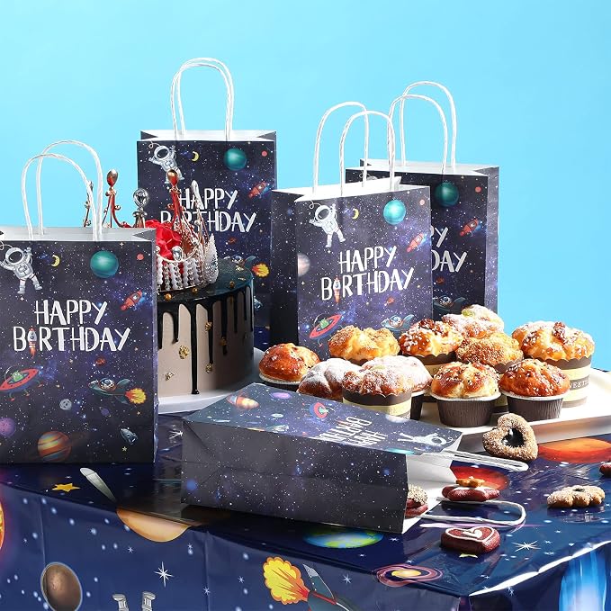 Outus 32 Pack Outer Birthday Space Party Favors Space Goody Bags with Handles Galaxy Gift Bags Kraft Paper Planet Goodie Treat Astronaut Present for Boys Girls Theme Party
