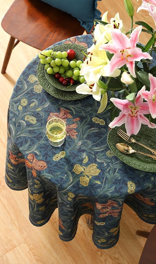 patdrea Vintage French Linen Tablecloth,Round,Diameter 67"-Herbert C | Elegant Table Cloth for Round Table,Navy Blue Floral Patterned,Dining Room Tea Party Thanksgiving Coffe Table