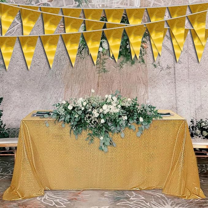 40M/130FT Gold Triangle Pennant Banner Flag Metallic Fabric Bunting Garland for Christmas Graduation Wedding Engagement Anniversary Bachelorette Birthday Bridal Shower Valentines Hen Party Supplies