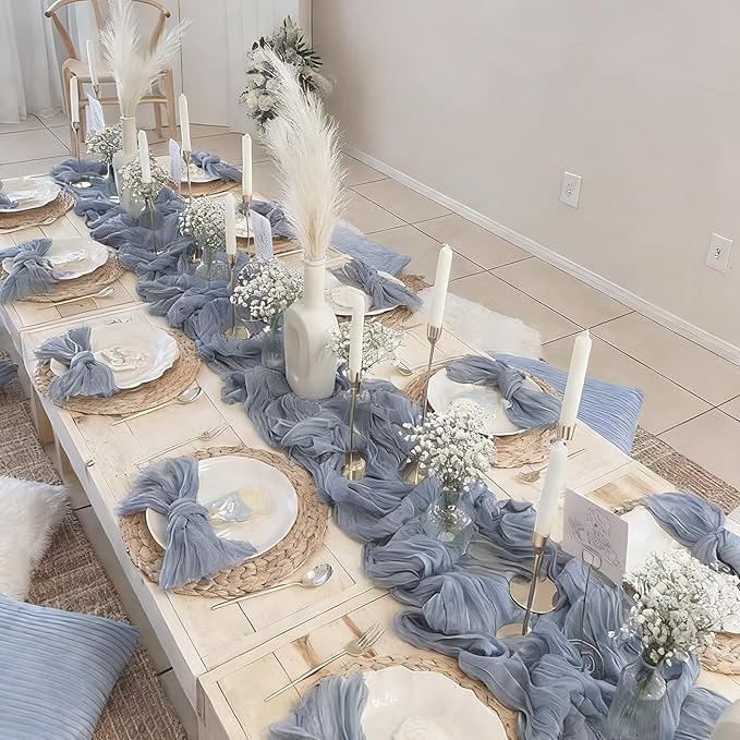20 Pack Dusty Blue Cheesecloth Table Runner 17x108 Inch Semi Sheer Boho Rustic Gauze Cheese Cloth Table Runners for Wedding Party Birthday Baby Shower Home Décor