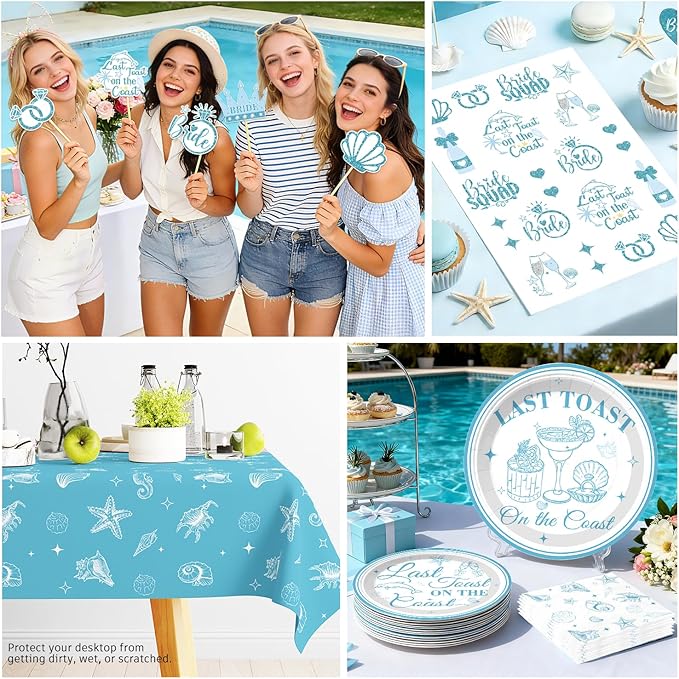 231pcs Last Toast on The Coast Bachelorette Decorations-Serves 25, All-in-one Beach Bachelorette Party Decorations With 350gsm Plate, Tablecloth, Balloons, Banner, Foil Curtain Backdrop, Sash, Veil