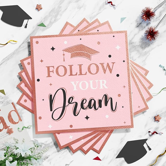 Ecomore Graduation Decoration Class of 2026 Pink Graduation Decoration 350 PCS - Rose Gold Grad Party Supplies Disposable Dinnerware (Serves 50) Paper Plates Cup Napkin Fork Knife Spoon (Pink & Black)