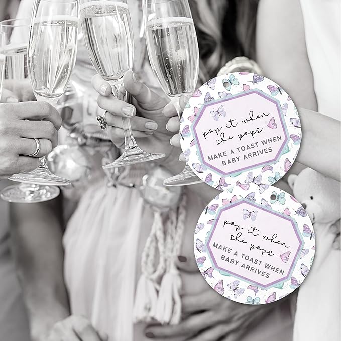 Pop It When She Pops Butterfly Tags | 30 pk, 2.5” Purple Labels for Champagne Mini Bottles Pink Bubbly Favor Hang for Baby Shower or Gender Reveal