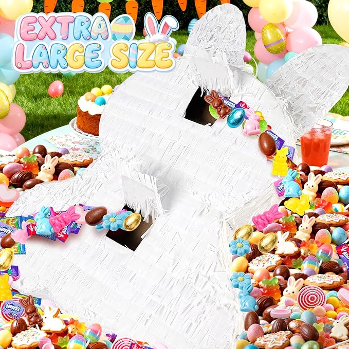25" Large Bunny Pinata for Kids Birthday Party - Cute White Rabbit Party Supplies with Matching Stick, Blindfold & Confetti - Sturdy Spring Theme Decor for Easter & Baby Shower