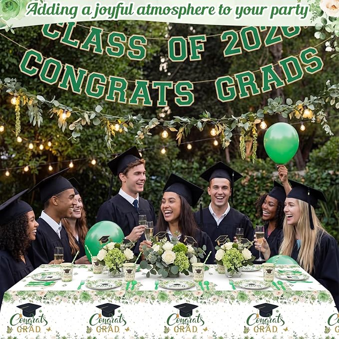 Funnymoom 452 Pcs Class of 2026 Green Gold Floral Graduation Decoration for 50, Sage Green Congrats Grad Paper Plates Napkins Cup Tablecloth Cutlery Straw for Graduated Decoration Party Supply