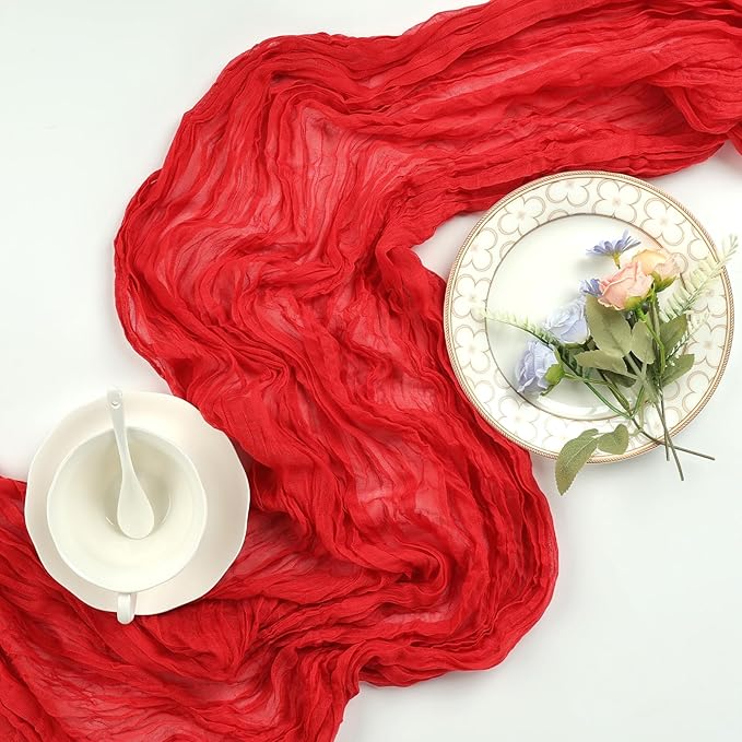 8 Pack Red Cheesecloth Table Runner 10ft Boho Gauze Fabric 120 Inch Cheese Cloth Table Runner Rustic Sheer for Holiday Baby Shower Party Décor Home Wedding Decoration