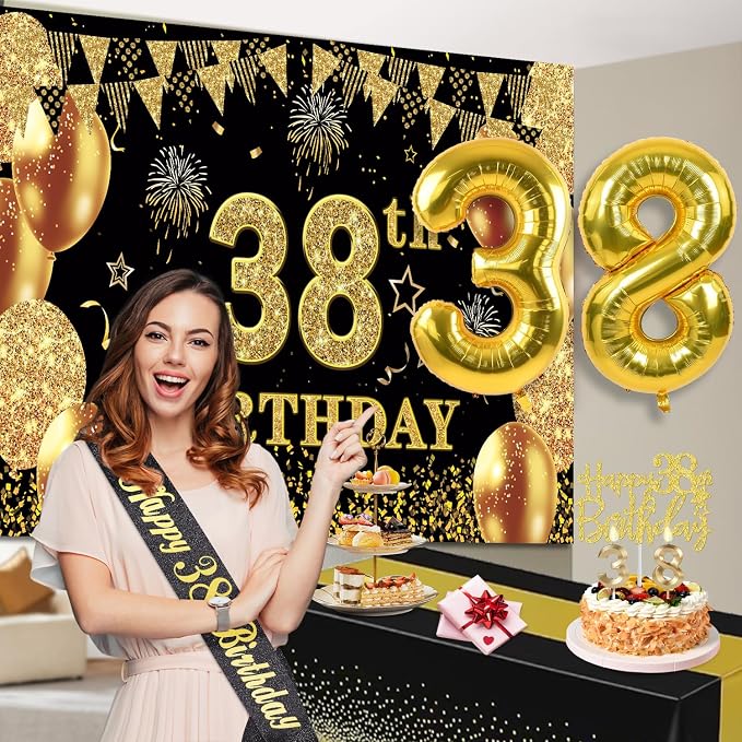 38th Birthday Decorations Men Women with 38th Birthday Banner, Black and Gold Table Cloth, Number Balloons, Large Sash, Cake Topper and Candles
