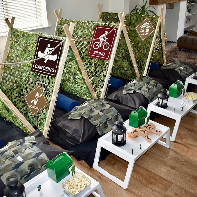 Bucherry Camping Party Backdrop Decoration Set 10 x 13 ft Camo Netting with 9 Camping Sign Cutouts Happy Camper Birthday Party Supplies Outdoor Adventure Photo Booth Wall Decor for Camp Theme Activity