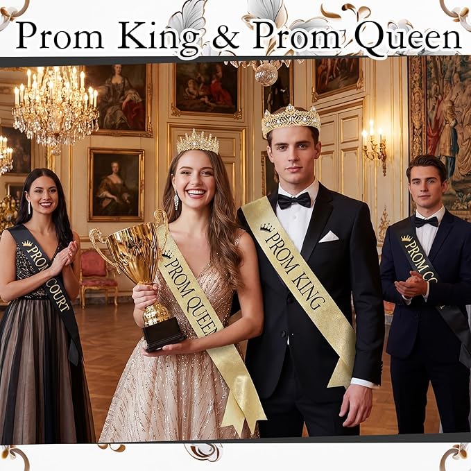 Retrowavy 12 Pcs Prom Crown and Sash Set, Prom King and Queen Tiara Rhinestone Crown Satin Sash for Graduation Party