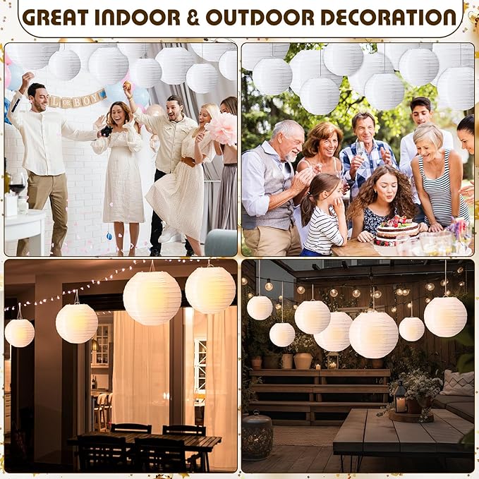 Treela 48 Pcs Paper Lanterns Party Decorations Chinese Round Paper Decor 4/6/8/10 Inch Asian Hanging Lamps Decorative for Graduate Wedding Birthday Party Bridal Parties Supplies(White)
