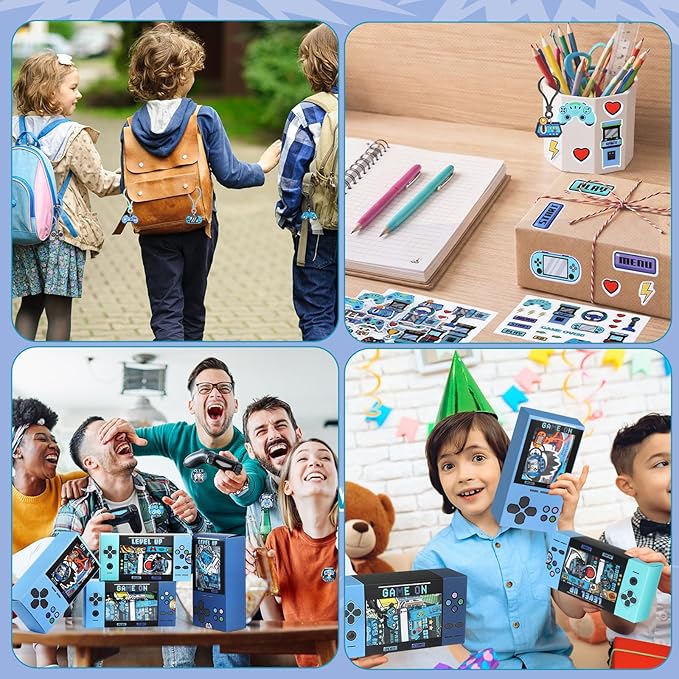 195 Pcs Video Game Party Favors for Kids Gamer Goodie Bag Stuffers Gaming Birthday Party Supplies with Gift Boxes, VIP Pass, Balloons, Bracelets, Keychains, Badges, 3D Stickers (Blue)
