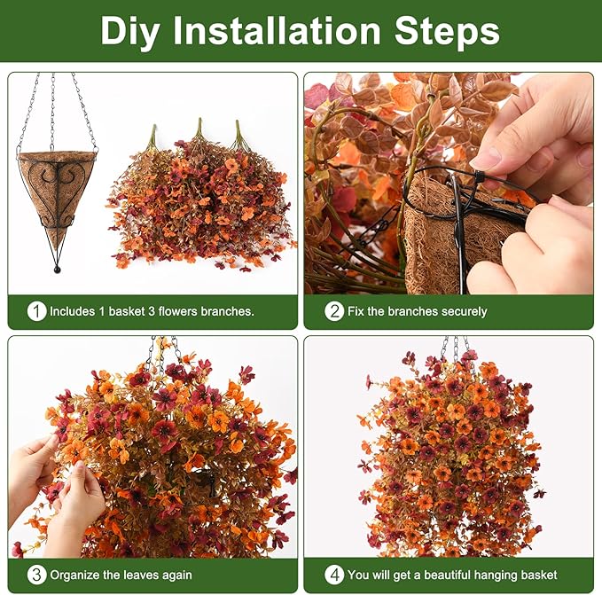 Homsunny Fall Artificial Fake Mums Hanging Flowers Plants Basket for Outdoor Autumn Decoration, Fake Silk Orange Planters UV Resistant Look Real for Home Patio Balcony Yard Porch Decor(Yellow Orange)