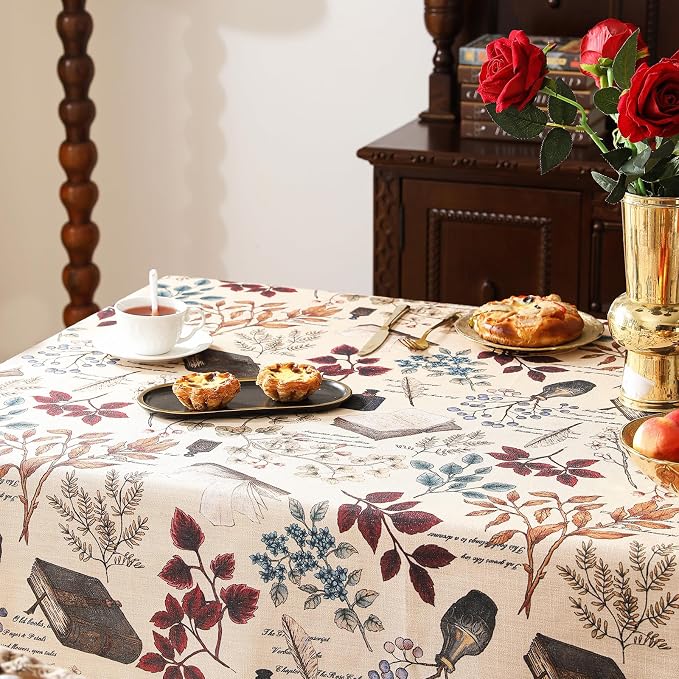 ISAENNE Designer French Linen Rectangular Tablecloth,79"x55"-Xipeia | Vintage Elegant Printed Table Cloth for Rectangle Table,Floral Pattern,Heavyweight,Dining Room,Kitchen,Thanksgiving,Decor