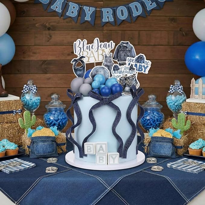 Novabright 32 Pcs Blue Jean Denim Baby Shower Decorations a Little Denim Baby Is on the Way Decorations Cupcake Toppers for Welcome Blue Jean Clothes Pregnancy Gift