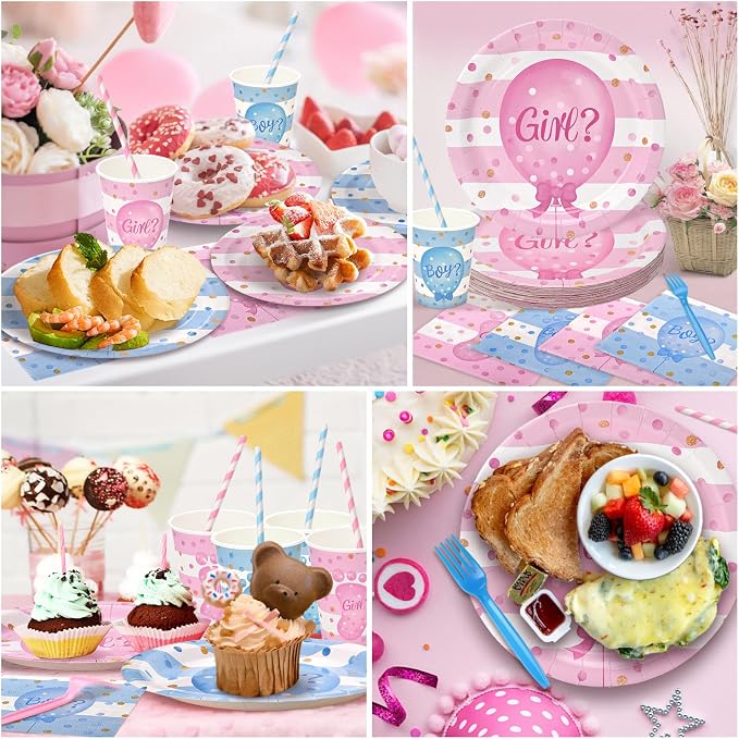 322Pcs Gender Reveal Decorations Kit (Serves 50 Guests) - Girl or Boy Gender Reveal Decorations, Disposable Tableware with Plates & Napkins, Tablecloth, Banner for Baby Shower