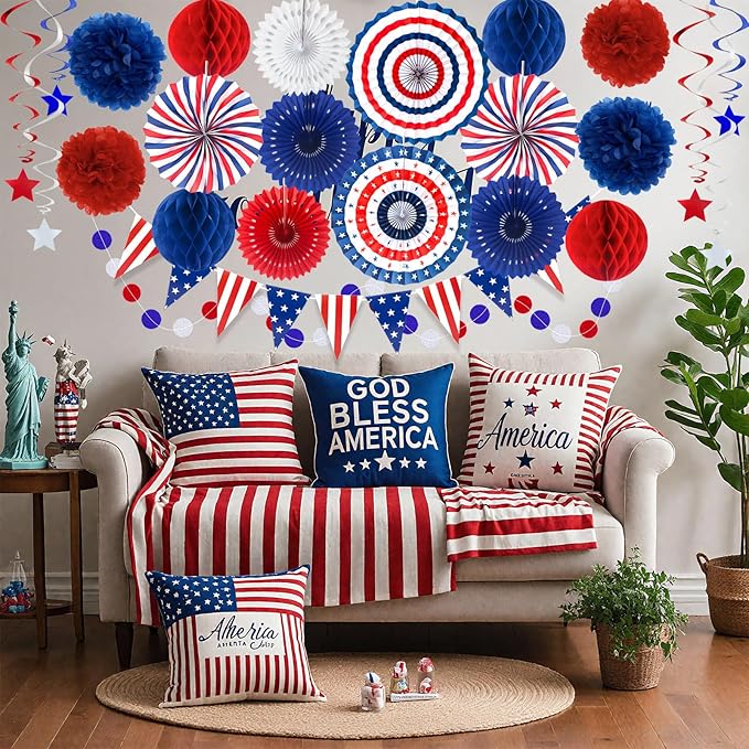 24PCS Patriotic Decorations 4th of July Decorations Set Red White Blue Hanging Paper Fans USA Flag Pennant Pom Poms Hanging Swirls Party Supplies for Memorial Day Independence Veterans