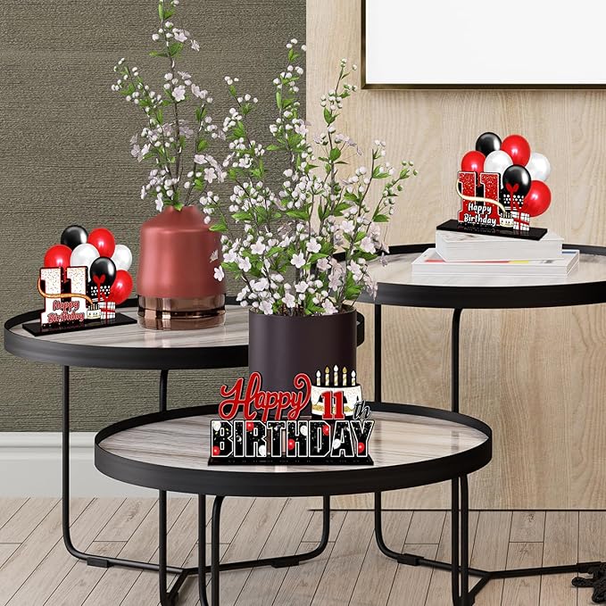 LINGTEER Happy 11th Birthday Red Acrylic Table Topper Centerpieces Set - Cheers to Eleven Years Old Birthday 11th Bday Party Gift Decorations.