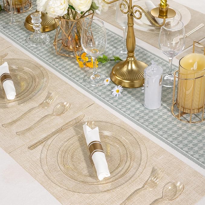realluck 350 Piece Gold Glitter Plastic Dinnerware Set for 50 Guests, Disposable Plates for Party, Include: 50 Dinner Plates, 50 Dessert Plates, 50 Rolled Napkins with Silverware, 50 Cups