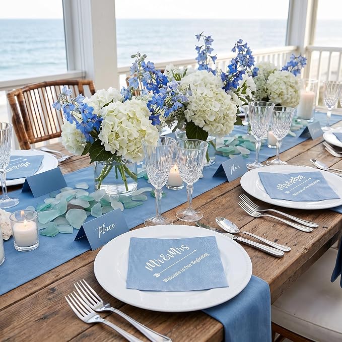 Teling 400 Pcs Wedding Napkins for Reception, 3 Ply Mr Mrs Wedding Cocktail Napkins for Engagement Bridal Shower Party Supplies Beverage Dessert Table Decorations(Haze Blue)
