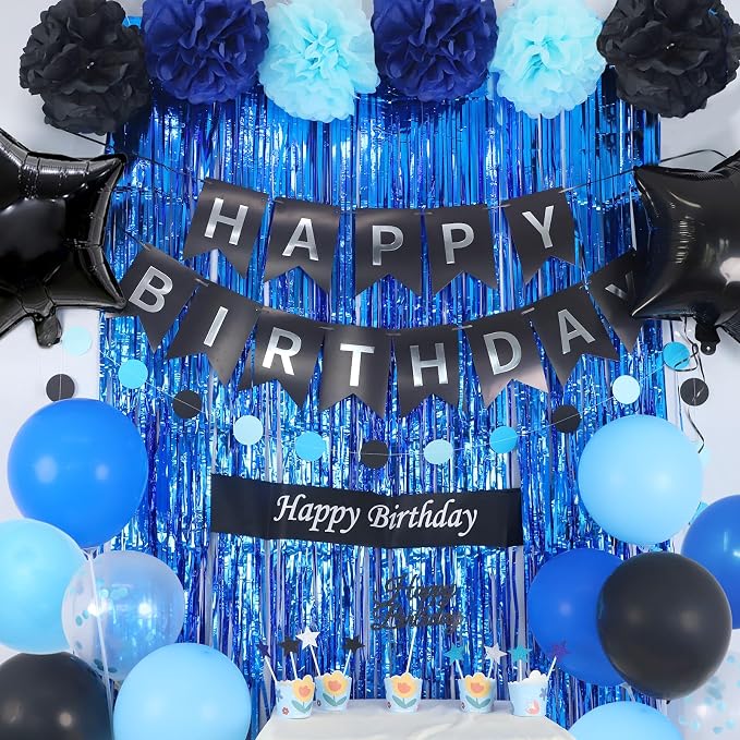 Blue and Black Birthday Decorations, 50PCS Happy Birthday Decorations for Men with Banner Balloons Sash Foil Fringe Curtain Paper Pompoms, Blue Party Decoration Party Supplies for Boys Kids