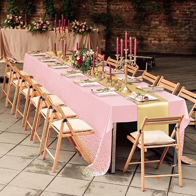Tudomro 16 Pieces Pink and Gold Disposable Plastic Tablecloths and Satin Table Runner Set 54x108 Inch Tablecloth 12x108 Inch Table Runners for New Year Wedding Birthday Baby Shower Graduation