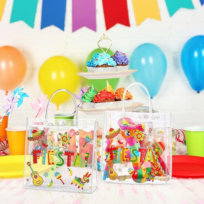 Hosuly 24 Pcs Mexican Fiesta PVC Treat Bags with Handles Reusable Fiesta Clear Plastic Gift Bags Cinco De Mayo Candy Goodie Handbags Taco Bar Favors Decor for Mexico Party Supplies