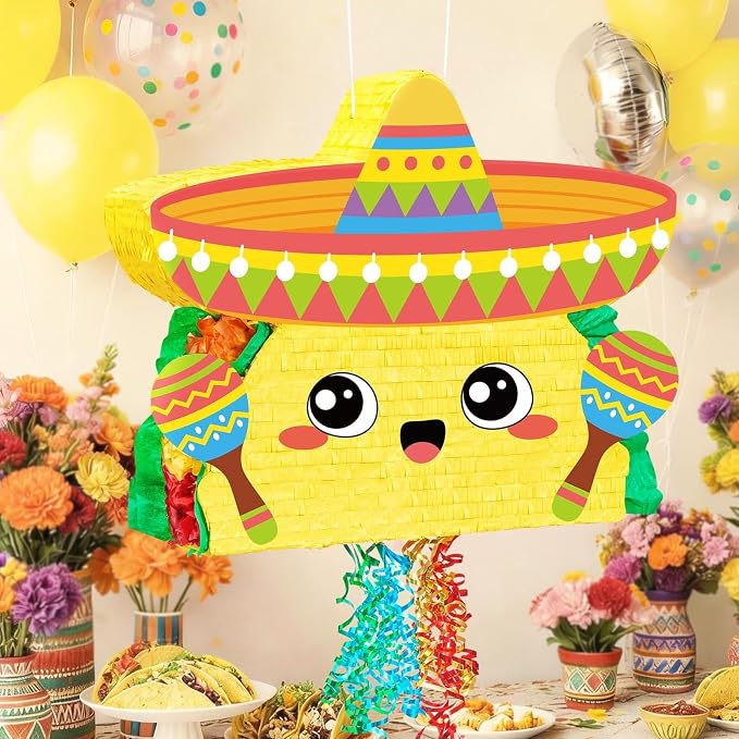 WERNNSAI Large 21" Taco Piñata - Cinco De Mayo Fiesta Theme Taco Piñata with Blindfold and Bat for Mexican Birthday Party Decorations Carnivals Festivals Supplies