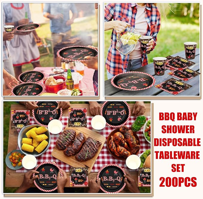 Hushee 200 Pcs Baby Q Baby Shower Paper Plates Cups Napkins Party Supplies Tableware Set Disposable Cup Napkin for 50 Guest BBQ Party Decoration