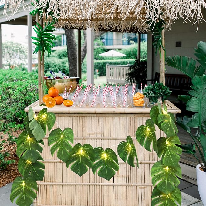 RECUTMS Artificial Tropical Palm Leaves String Lights, Large Size 20 LED Monstera Leaf Wall Hanging Vine Greenery,Outdoor Indoor Hawaiian Luau Jungle Beach Safari Baby Shower Party Spring Summer Decor