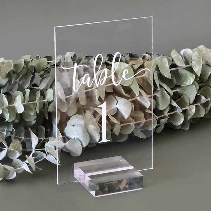 JINMURY Acrylic Wedding Table Numbers 1-25 with Stand- 4x6 Inch Clear Signs Printed Calligraphy Font, Clear Acrylic Table Numbers with Holder for Wedding Party Reception