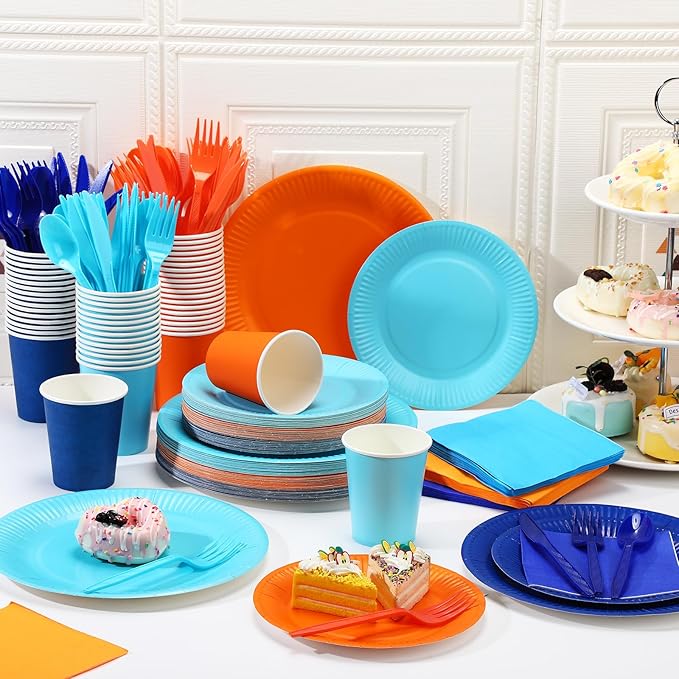 Ziliny 420 Pcs Paper Plates and Napkins 9 oz Paper Cups Forks Knives Spoons Disposable Tableware for Dog Theme Birthday Party Supplies, Serves 60(Sky Blue, Orange, Dark Blue)