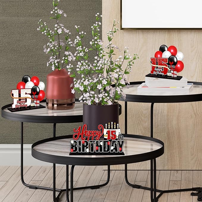 LINGTEER Happy 15th Birthday Red Acrylic Table Topper Centerpieces Set - Cheers to Fifteen Years Old Birthday 15th Bday Party Gift Decorations.