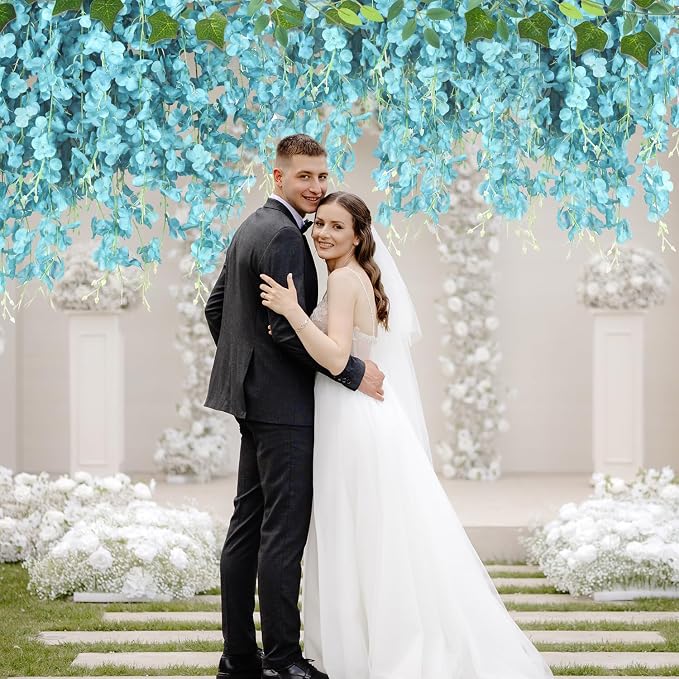 LELEE 25 Pcs Artificial Wisteria Hanging Flowers 3.6ft Light Blue Fake Hanging Flowers Garland Silk Flowers Rattan String Faux Wisteria Vine for Wall Home Wedding Party Arch Greenery Backdrop Decor