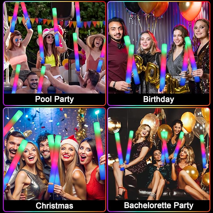 HONLYNE 100 PCS Foam Glow Sticks, Bulk Glow Sticks with 3 Modes Colorful Flashing, LED Light Sticks, Glow in Dark Party Supplies for Wedding, Raves, Birthday, Christmas, New Year