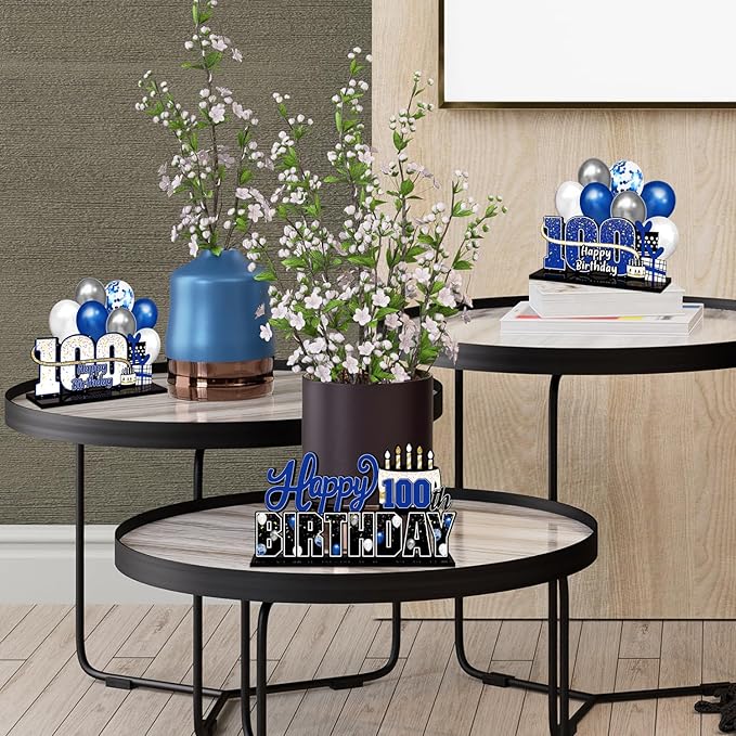 LINGTEER Happy 100th Birthday Blue Acrylic Table Topper Centerpieces Set - Cheers to 100 Years Old Birthday 100th Bday Party Gift Decorations.