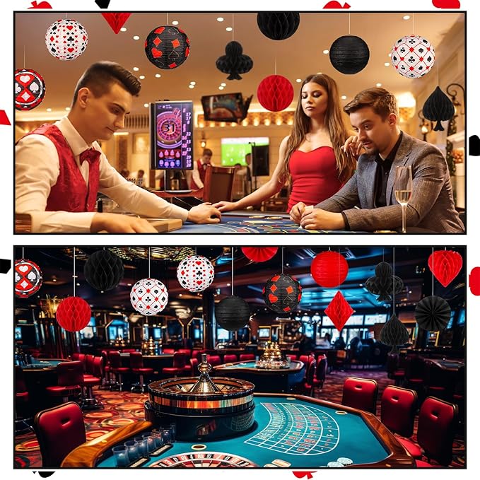 Baquler 18 Pcs Casino Party Decoration 3D Poker Hanging Paper Lantern Red and Black Fans Honeycomb Ball for Las Vegas Game Casino Night Birthday Party Ceiling Decor Supplies
