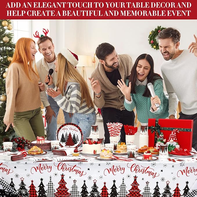 Funnymoom 452 Pcs Christmas Tree Party Supplies for 50, Red Buffalo Plaid Gingham Christmas Paper Plates Napkins Cups Tablecloth Cutlery Straws Tableware Set for Xmas Holiday Party Decorations