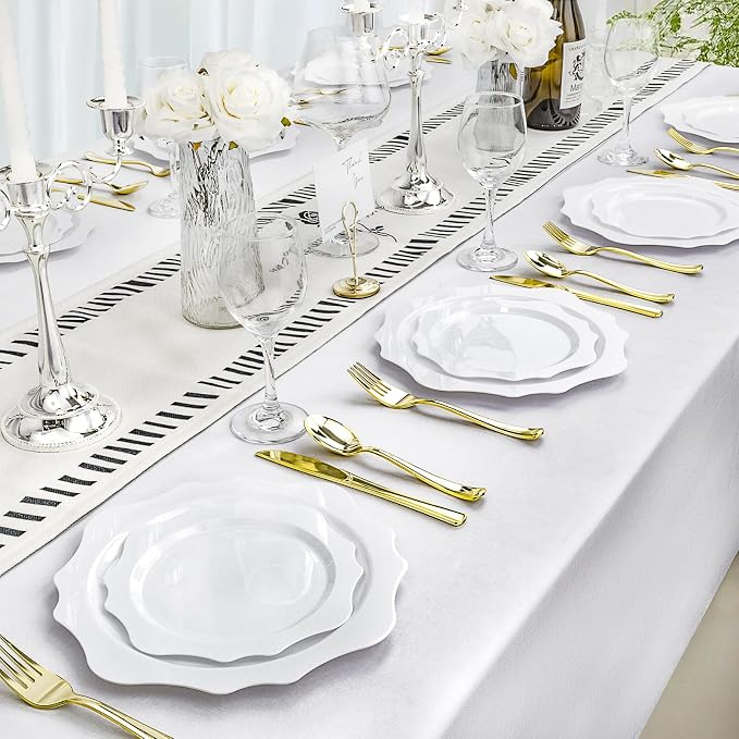 realluck 100 PCS White Disposable Plates for 50 Guests, Scalloped Plastic Plates Include 50 Dinner Plates and 50 Dessert Plates for Party, Wedding